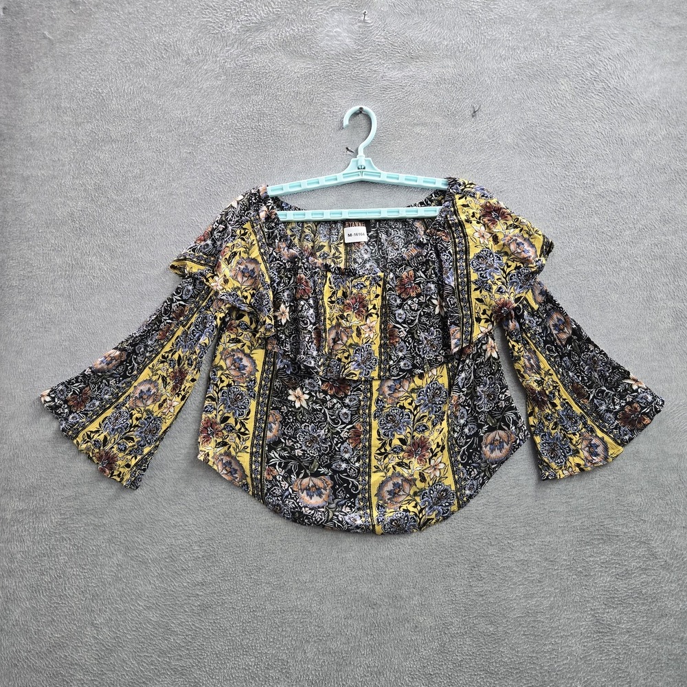 Shyanne Women Blouse M Yellow Floral Bohemian Scoop Neck Pullover